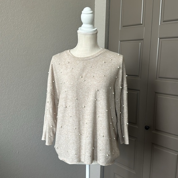 Zara Sweaters - ZARA Trafaluc Pearl Beaded Knit Quarter Sleeve Oatmeal Beige